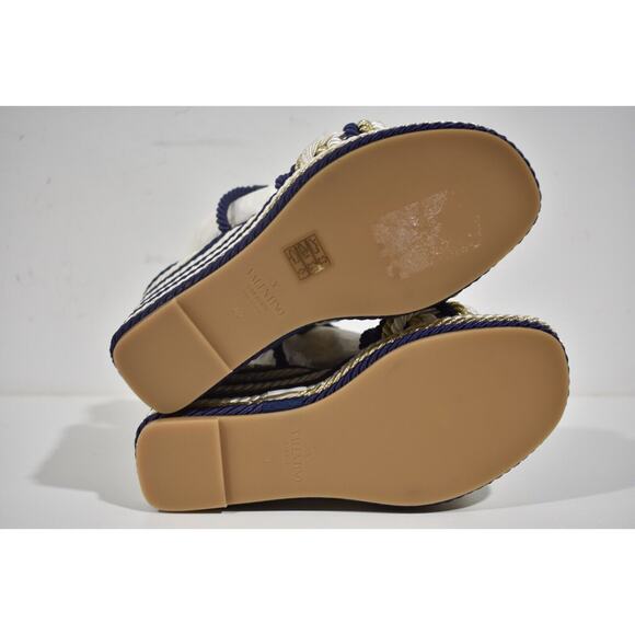 Valentino Rockstud Torchon Blue Stripe Cord Rope Wedge Ankle Strap Sandal 38 - Picture 12 of 12